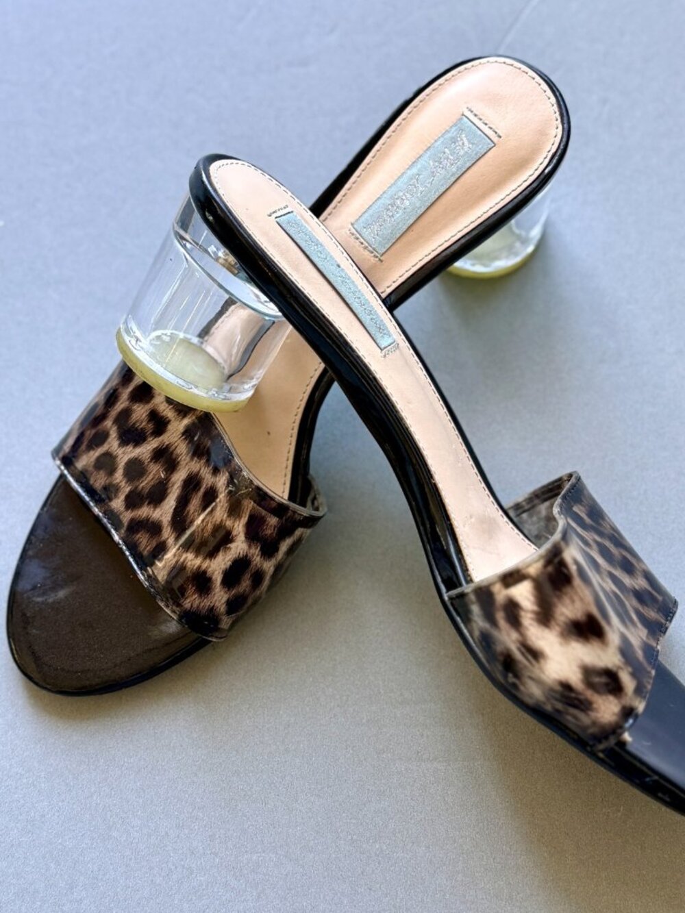 Betsey Johnson Leopard Print Calf Hair Clear Lucite Block Heel Slide Mule Size 9